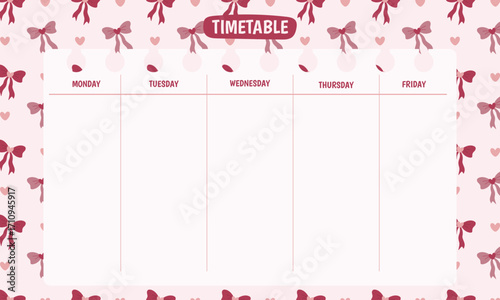 Cute kawaii printable school timetable with pastel ribbon background