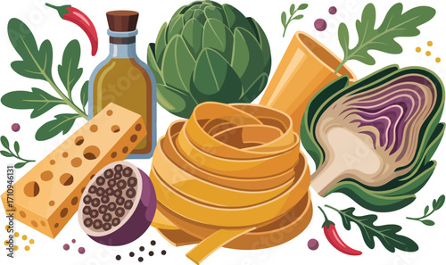 This image displays a stylish arrangement of Italian food ingredients, including artichokes (whole and cut), tagliatelle pasta, Parmesan cheese, a bottle of olive oil, and arugula, along  