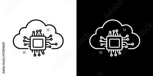 Cloud computing with circuit board outline icon on transparent and black background
