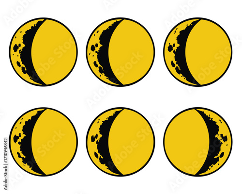Six Repeating Golden Crescent Moon Phases Illustration with Black Shadow and Texture
