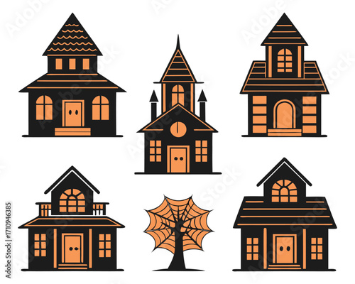 Spooky Halloween Haunted Houses and Spiderweb Tree Vector Illustration Set