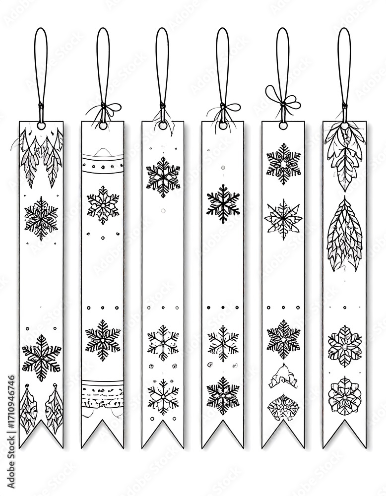 Obraz premium Six decorative bookmarks, featuring repeating winter motifs, including snowflakes and stylized leaves, arranged vertically on a white background.