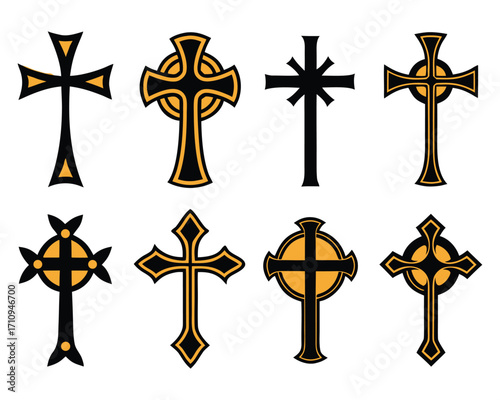 Collection of Decorative Black and Gold Christian Cross Symbols for Graphic Design Projects
