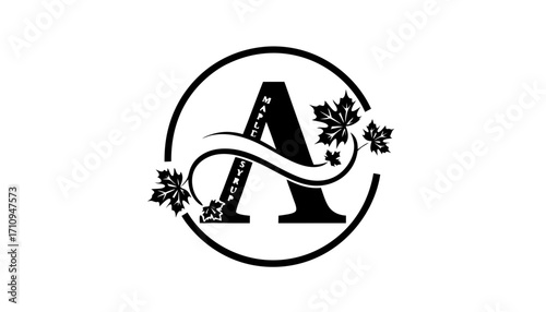 Elegant monogram a with maple leaves and syrup text