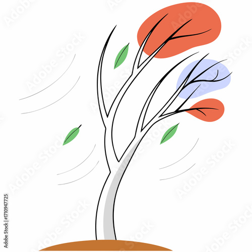 Stylized tree with falling leaves in the wind