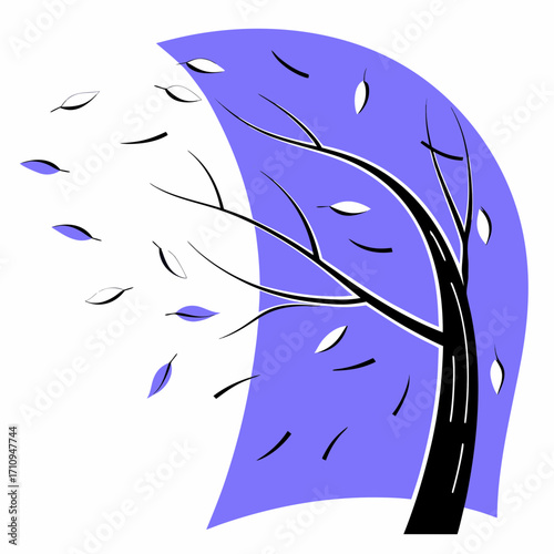 Stylized tree losing leaves in a gentle breeze