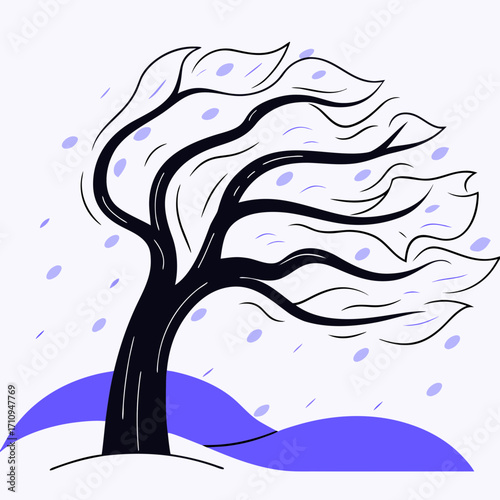 Stylized illustration of a tree in the wind with falling leaves