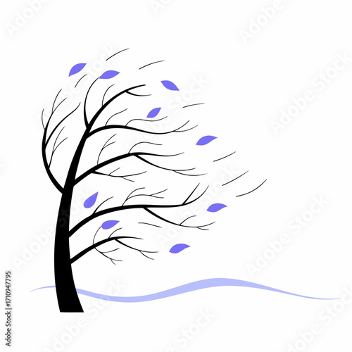 Stylized tree bending in the wind with falling leaves