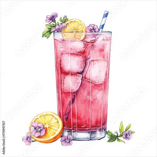 Tall Glass of Pink Drink with Ice, Lemon Slices, and Flowers beverage
