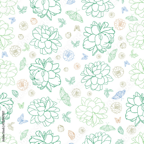 Vector Jasminum sambac or Arabian Jasmine flower seamless repeat pattern with white background patgen1 leaves and butterfly. Suitable for textile, wallpaper and gift wrap.