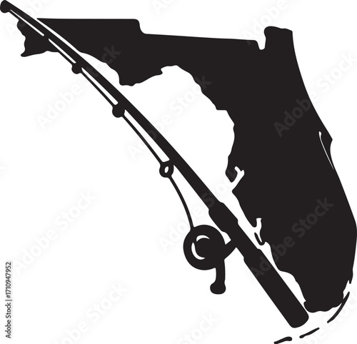 Florida State Outline with Fishing Rod Silhouette Vector Mashup Icon for Outdoor Fishing and Hobby Design