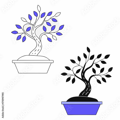 Stylized bonsai tree illustrations in outline and silhouette