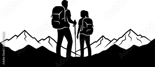 Couple hiker in mountain silhouettes