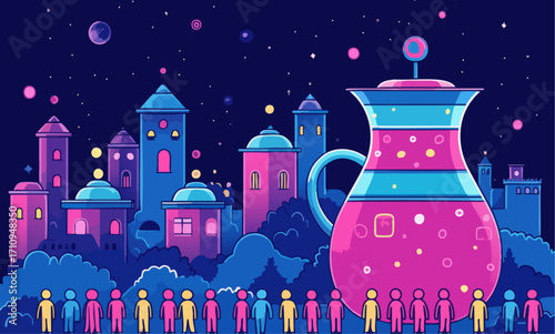 Fantasy Night Cityscape with Giant Glowing Teapot, Diverse Crowd, and Vibrant Neon Colors Under Starry Sky – Vector Illustration