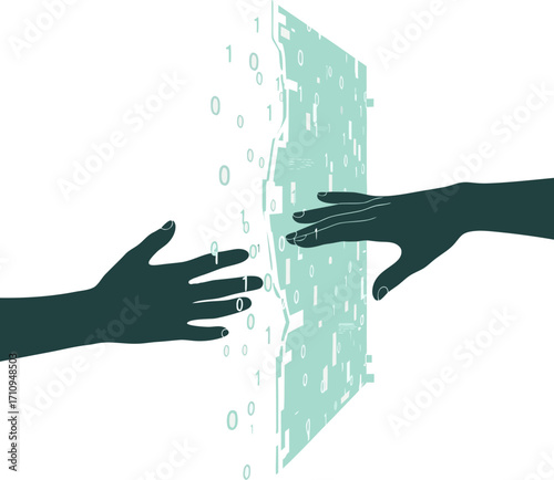 Two hands reach for each other, but they are separated by a wall of digital code and data. The concept of alienation, online barriers and loss of human contact in the virtual world.