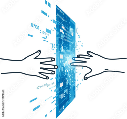 Two hands reach for each other, but they are separated by a wall of digital code and data. The concept of alienation, online barriers and loss of human contact in the virtual world.