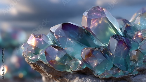 Beautiful teal sapphire crystal cluster reflecting sunlight high resolution picture