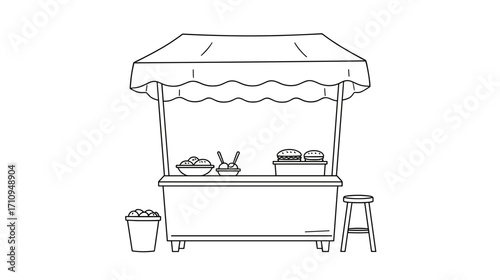 Outline of a food stall with roof and various dishes for coloring pages  