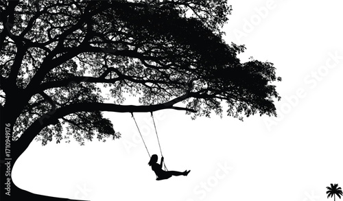 Illustration of silhouette of a girl on a swing hanging from a tree isolated on white background