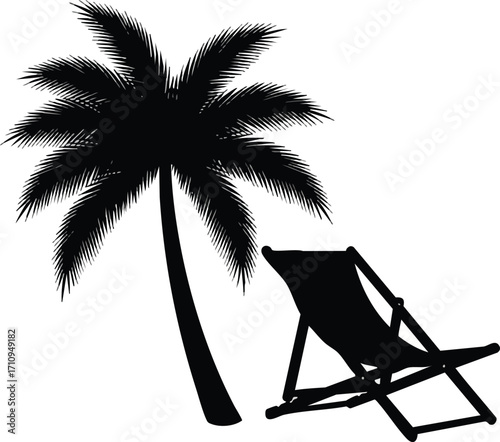 Illustration of silhouette of a palm tree and a beach chair isolated on white background