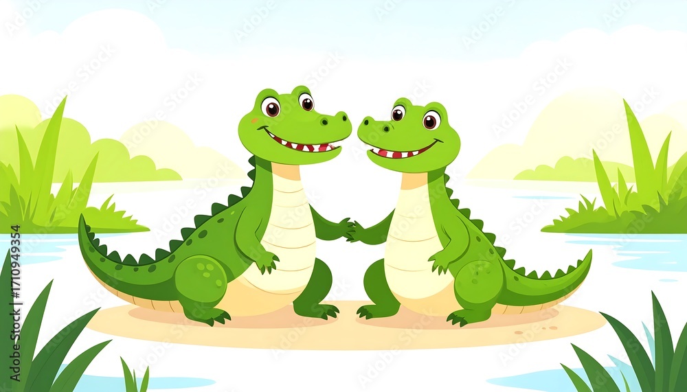 Obraz premium Two Crocodiles Holding Hands by River