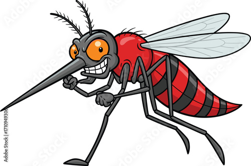 Evil cartoon mosquito with red striped body and sharp long nose, dangerous insect character with wings, funny aggressive bug vector illustration isolated background