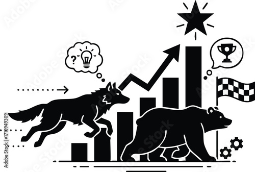 Illustration of wolf and bear on stock market graph isolated on white background
