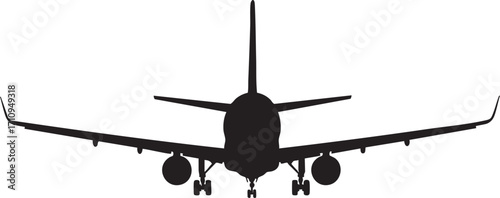 Illustration of silhouette of an airplane flying towards the viewer isolated on white background