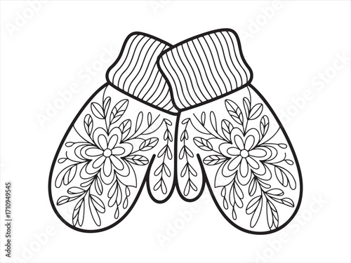 Line art mittens sketch with floral patterns for Christmas, festive, and seasonal clothing concepts