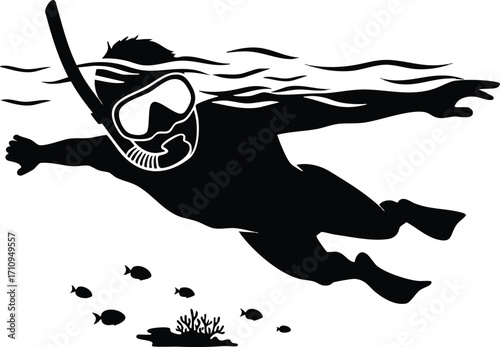 Illustration of snorkeler silhouette isolated on white background swimming in the ocean water