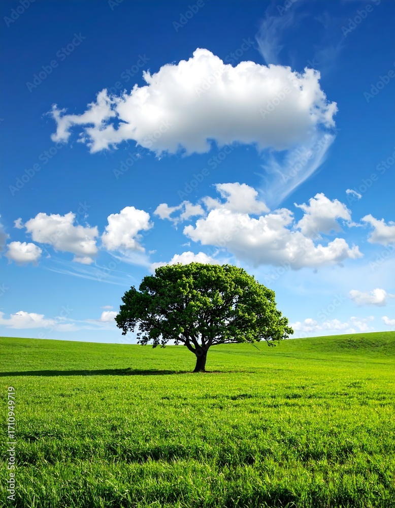 Obraz premium A solitary tree stands tall in a vibrant green field under a bright blue sky dotted with fluffy white clouds.