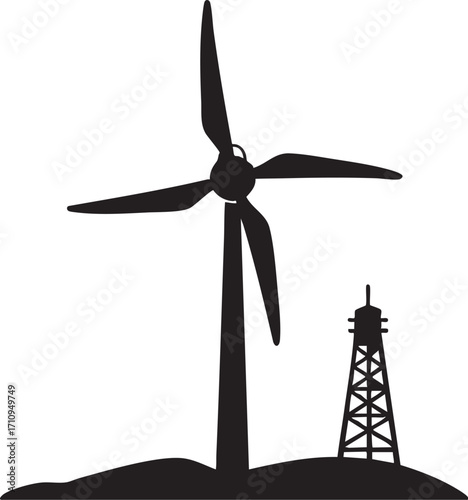 Illustration of silhouette of wind turbine and oil rig isolated on white background for energy