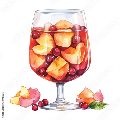 Watercolor fruity beverage in a glass with fruit pieces and berries drink refreshment