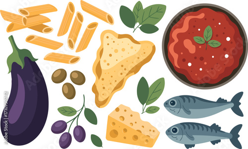 This image displays a vibrant collection of Italian food ingredients, including pasta (penne), eggplant, olives, fish (sardines), cheese, and a bowl of tomato sauce, alongside basil and other herbs.
