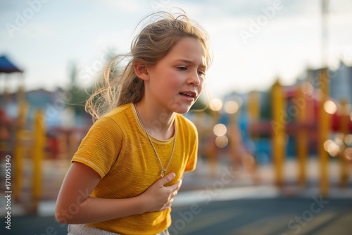Blonde Girl with Chest Pain from Heart Disease After Playing Outside