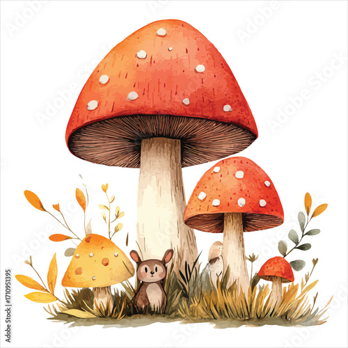 Watercolor illustration of a mushroom cluster with woodland creatures and autumn leaves fly agaric