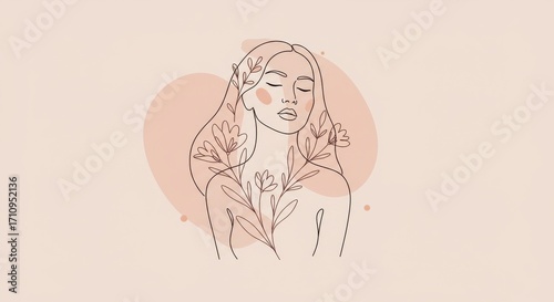 Woman with flowers and closed eyes in soft, minimalist illustration  