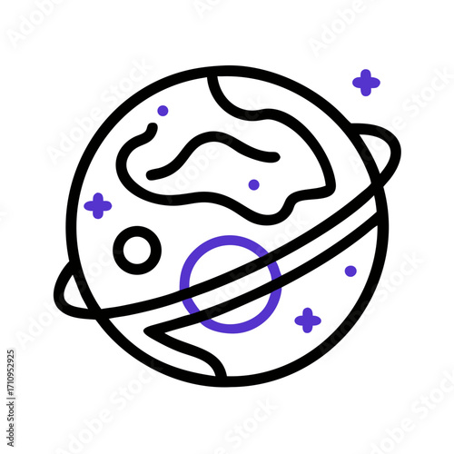 Planet icon vector illustration with rings and craters for space exploration and science use