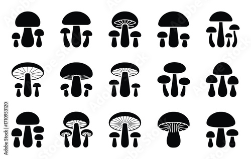 Collection of Black Mushroom Icons on White Background