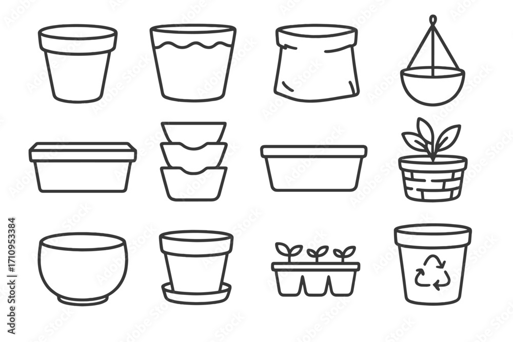 Fototapeta premium Line Style Planters. Line style icons of planters and containers: clay pot, ceramic planter, fabric grow bag, hanging pot; window