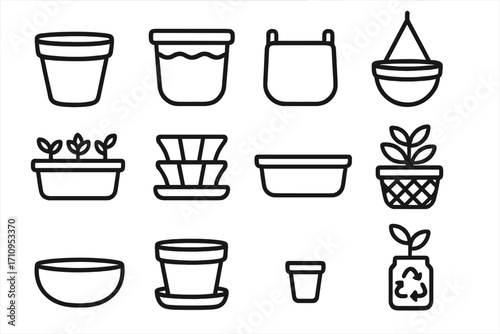 Line Style Planters. Line style icons of planters and containers: clay pot, ceramic planter, fabric grow bag, hanging pot; window