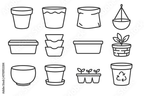 Line Style Planters. Line style icons of planters and containers: clay pot, ceramic planter, fabric grow bag, hanging pot; window