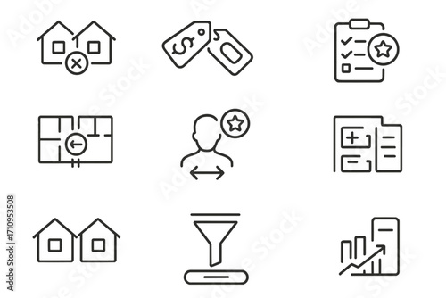 Real Estate Icons. Line style icons of property comparison: two houses icon, price tag compare, feature checklist, side-by-side