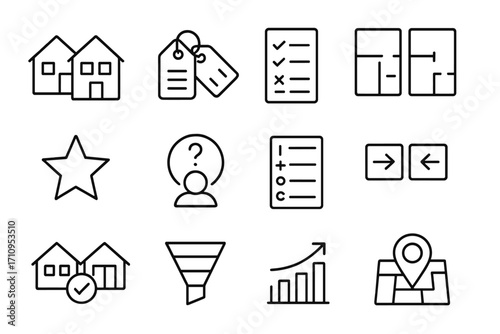 Real Estate Icons. Line style icons of property comparison: two houses icon, price tag compare, feature checklist, side-by-side