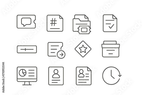 Support Tickets Icons. Line style icons of support tickets and CRM: open ticket icon, ticket number, case file, request form;