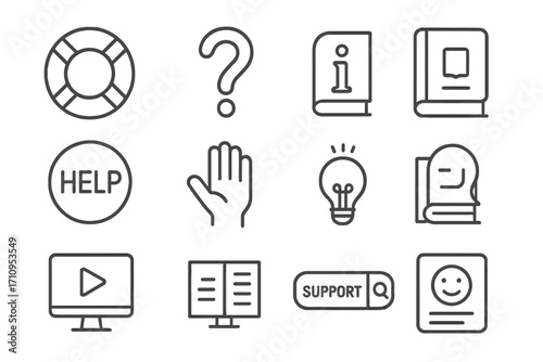 Support Icons Collection. Line style icons of help and support: life ring, question mark, information icon, guidebook; help button