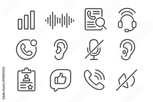 Call Quality Icons. Line style icons of call quality and monitoring: volume bars, audio waveform, call review icon, headset with