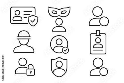 Identity Protection Icons. Line style icons of identity protection: ID shield, mask with person, hidden user icon, privacy profile