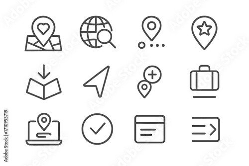 Travel App Icons. Line style icons of travel app features: saved location, explore icon, nearby button, rate this place; favorite