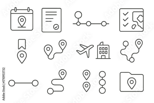 Travel Planning Icons. Line style icons of itinerary planning: calendar with pin, daily plan sheet, trip timeline, checklist with